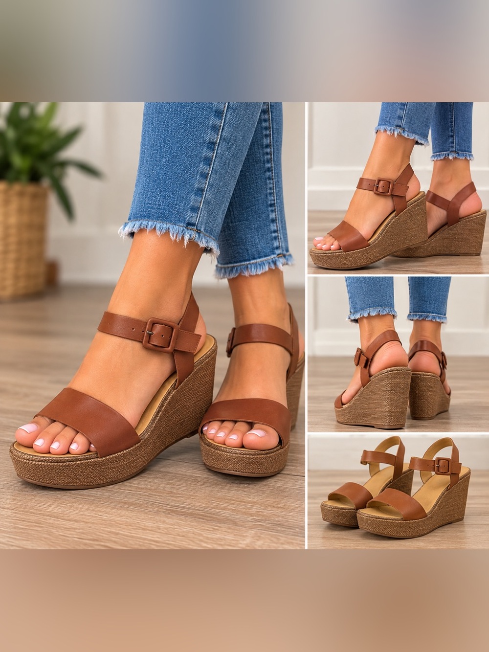 Women’s Platform Wedge Sandals - Brown Leather Look